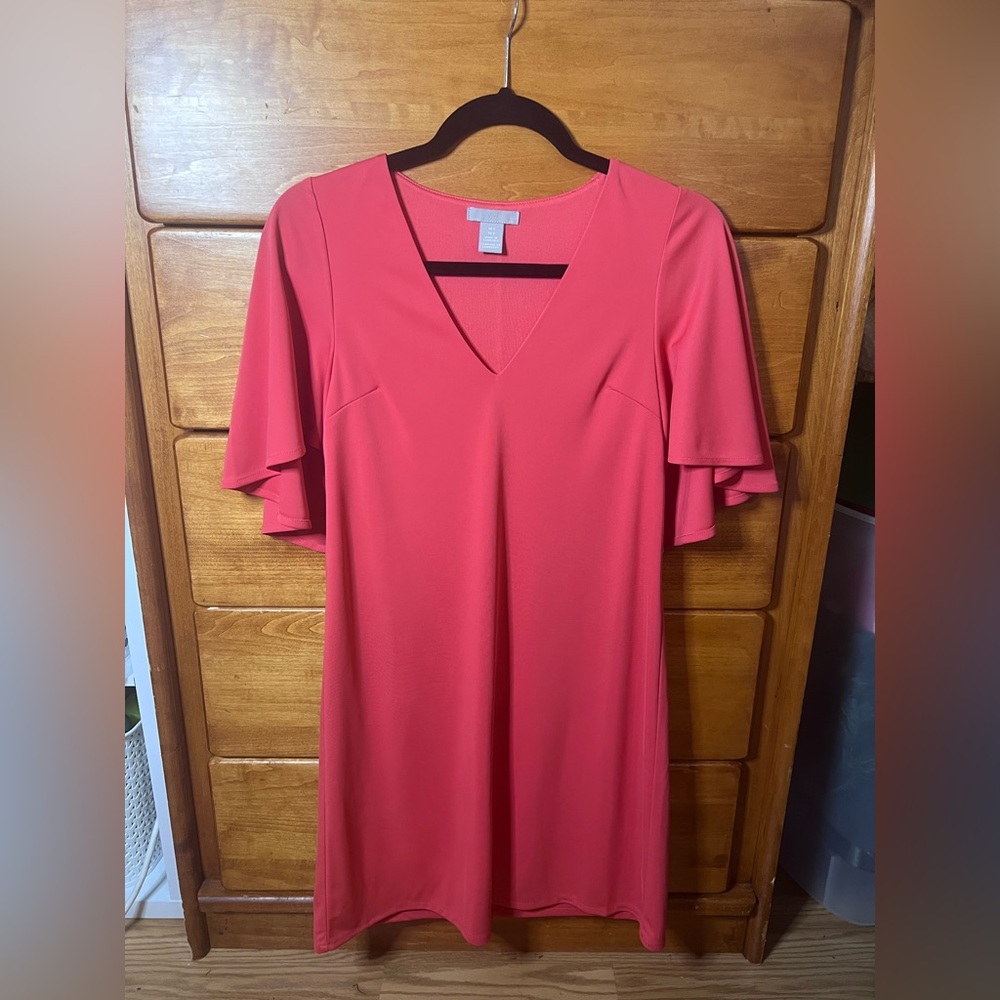 H&M, coral dress with flutter sleeves, v neck
